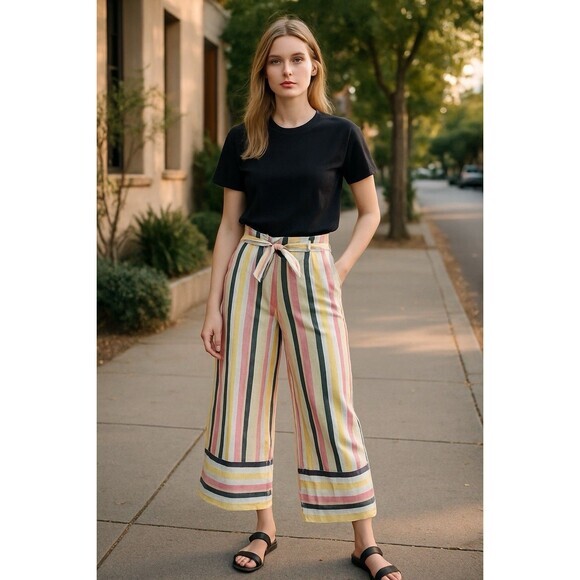Cato Linen Wide Leg Pants Women S Multicolor Striped Summer Breathable Relax Fit - Picture 1 of 10